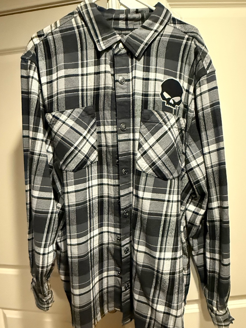 Men's Black & White Plaid Button-Up Shirt with Skull Patch